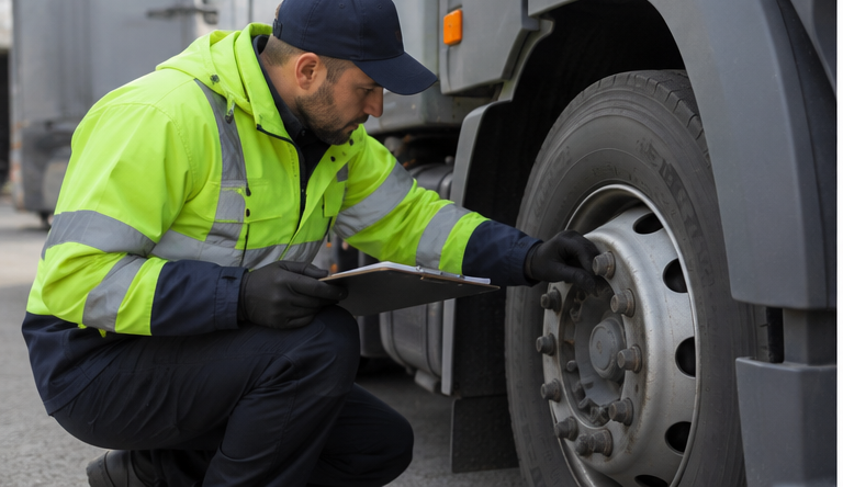 Operative completing a pre-shift vehicle check on site